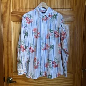 Mens Tommy Bahama Floral White Pink Blue  Tropical Print Cotton/Silk Shirt M